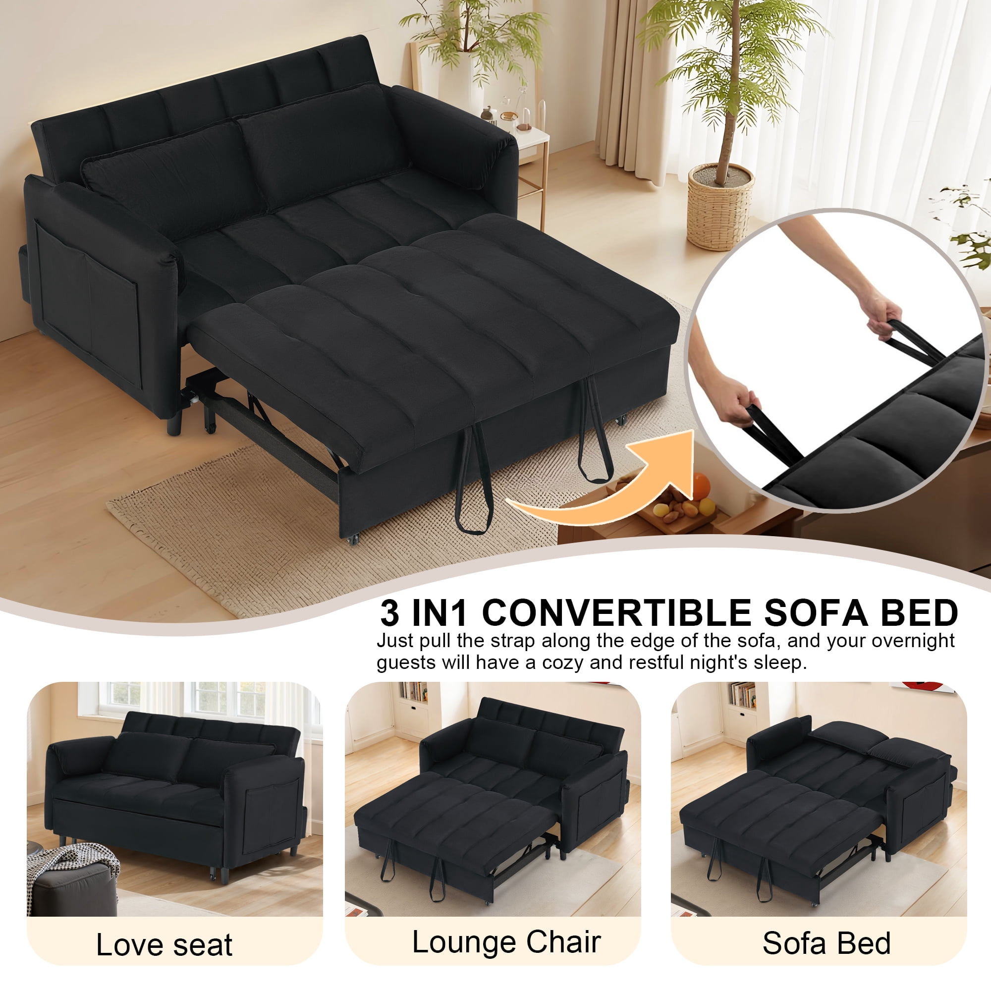 BedLuxury 53" Velvet Convertible Futon Sofa Bed, 3-in-1 Loveseat Sleeper Sofa with Pull Out Bed & Adjustable Backrest for Living Room or Office, Black