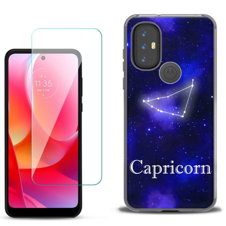 Slim-Fit Gel TPU Phone Case for Motorola Moto G Power 2022 with Tempered Glass Screen Protector by OneToughShield ® - Zodiac / Capricorn