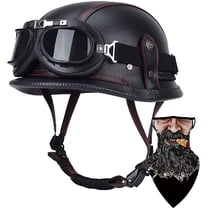 DOT Approved Retro German Style Leather Half Face Motorcycle Helmet with Goggles, Vintage Open Face Cap for Men Women Cruiser Bicycle