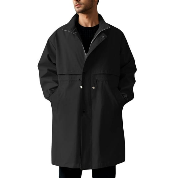 Yiliang Mens Long Pea Coat Notched Collar Trench Coat Loose Fit Windbreaker Overcoat ,Black,3XL