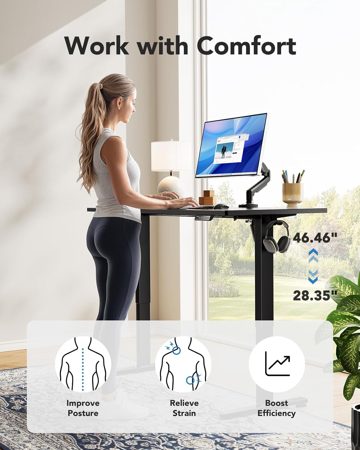 Kyspho 60" x 24" One Piece Electric Standing Desk, Height Adjustable Computer Desk with 4 Height Memory Settings, Sit Stand up Desk for Home Office, Black