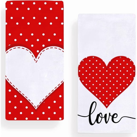 Love Heart Polka Dot Kitchen Dish Towels, 18 x 26 Inch Seasonal Valentine''s Day Anniversary Weing Decoration Tea Towels for Cooking Baking Set of 2