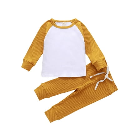 

Autumn Winter Baby Boys Girls Pajama Sets Solid Patchwork Knit Long Sleeve Pullover Tops Pants