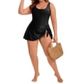 thumbnail image 5 of Agnes Orinda Women's Plus Size 1 Piece Swimdress with Tummy Control  V Neck Pleated Bathing Suit with Skirt for Beach & Pool 1X Black, 5 of 8