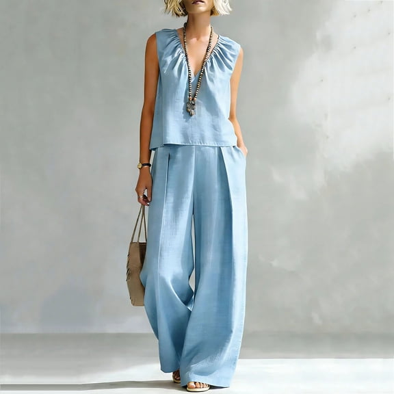 Gamivast Linen 2 Piece Sets for Women Sleeveless V-Neck Top and Wide Leg Pants with Pockets Casual Loose Fit Matching Outfit Summer Vacation Clothes Blue XXL
