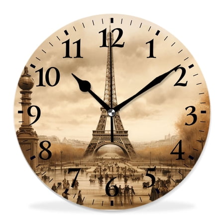12 Inch Wall Clock Battery Operated Silent Clock Decorative for Office, Kitchen, Outdoor, Living Room，Eiffel Tower France Paris City Design