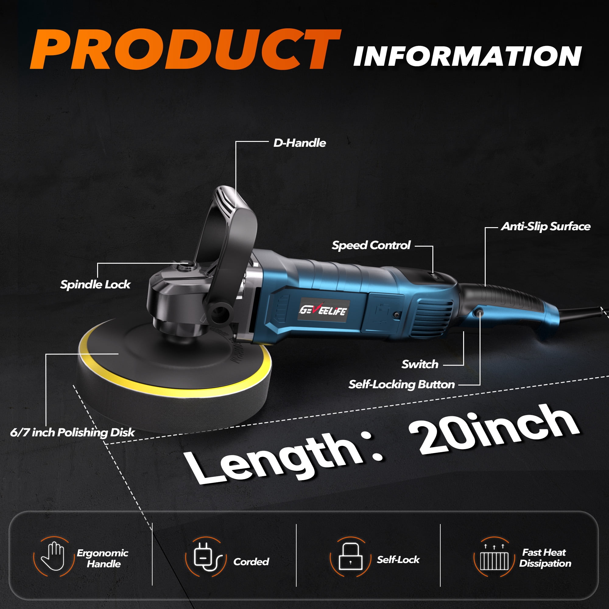 6 Inch 1600W Rotary Car Buffer Polisher, 7 Variable Speed 1000-3500 RPM Electric Polisher Waxer with Detachable Handle for Car Boat Sanding Polishing Waxing