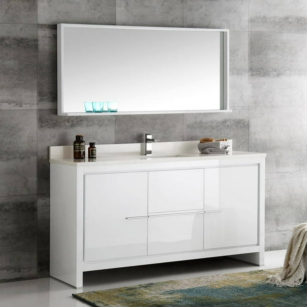 Fresca Fvn8119wh S Allier 60 White Modern Single Sink Bathroom Vanity With Mirror Com Single Sink Bathroom Vanity With Mirror, Modern Bathroom Vanities One Sink