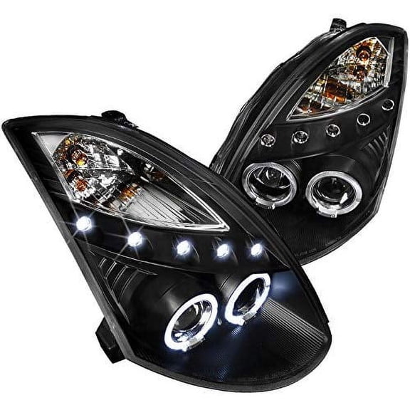 Dual LED Halo Projector Headlight In Black Housing Clear Lens Made For And Compatible With 2003 - 2007 Infiniti G35 2Dr Coupe 03 04 05 06 07