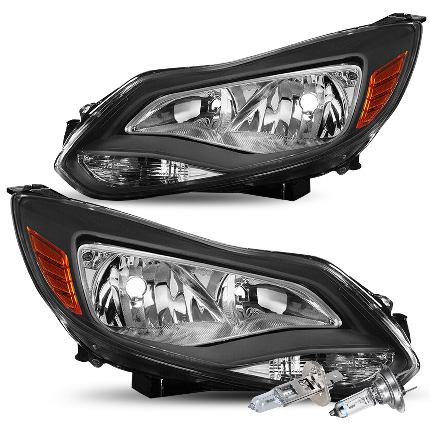 For 2012 2013 2014 Ford Focus Black Headlights Headlamps Assembly Pair w/ Bulbs
