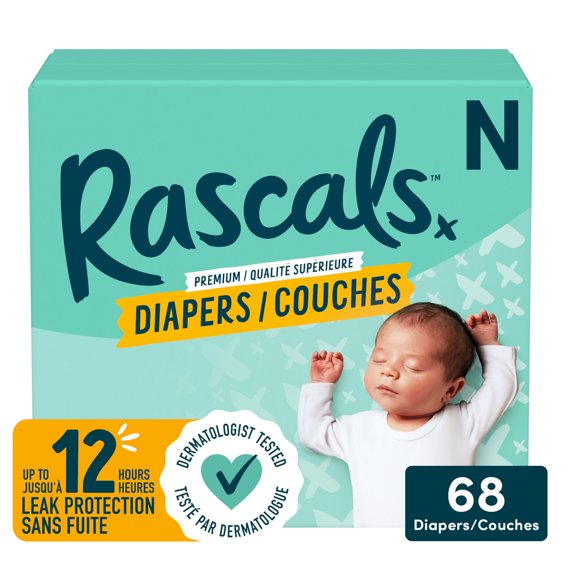 Rascals Premium Absorbent Newborn Diapers, Size N, Carton, 68 Count