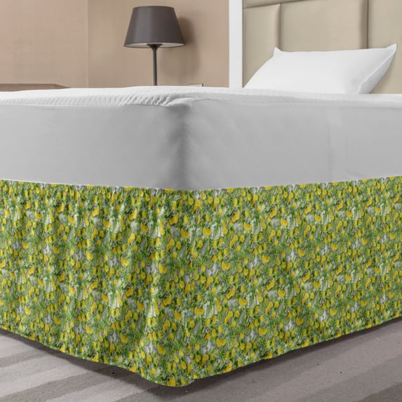 Flower Bed Skirt, Pile of Chrysanthemum Flowers Cut Plucked Foliage Scattered on Abstract Background, Elastic Bedskirt Dust Ruffle Wrap Around for Bedding Decor, 4 Sizes, Multicolor, by Ambesonne