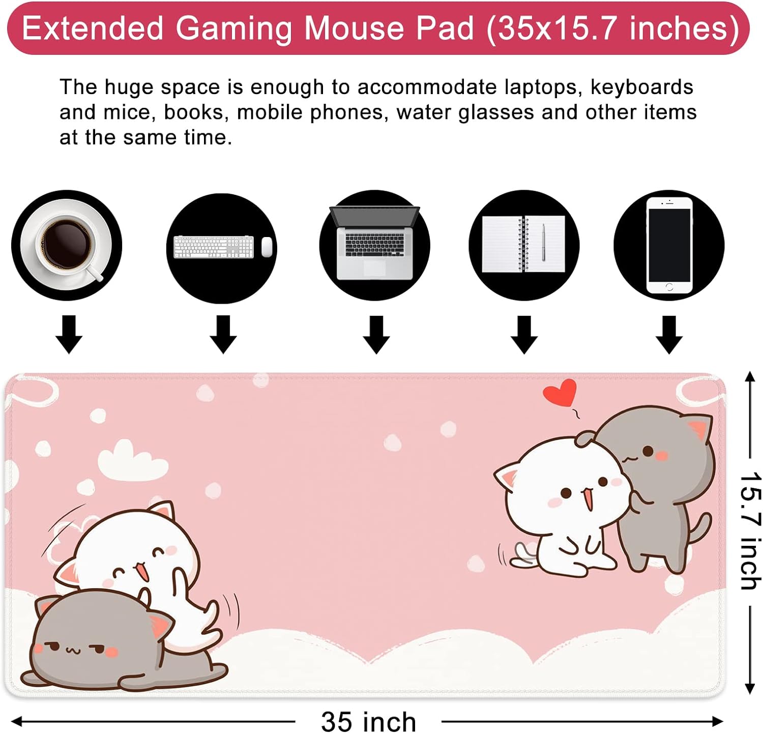 Pink Gaming Mouse Pad Gift for Women Cute Large Mouse Pad 35.4x15.7 inch Extra Large Rubber Mouse Pad Cat Theme Pink and White Mouse Pad (Pink -4)