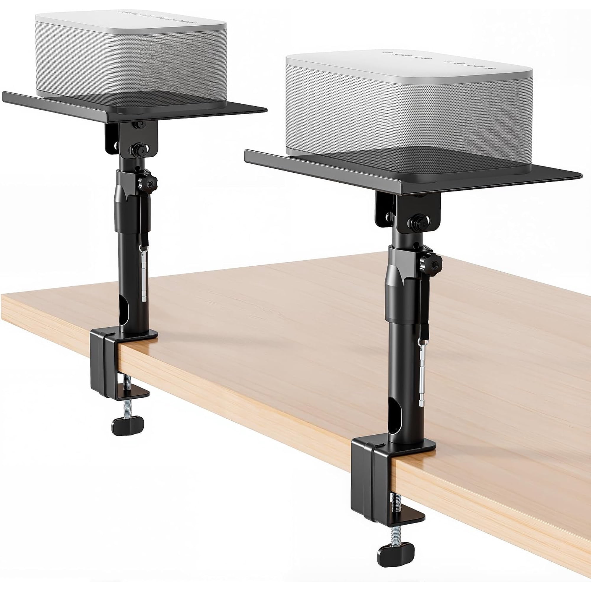 PEGZONE Clamp-On Speaker Stands, Pair of Adjustable Desktop Speaker Mounts, Height and Tilt Adjustable, 66 lb Capacity, for Bookshelf and Studio Monitor Speakers, Black