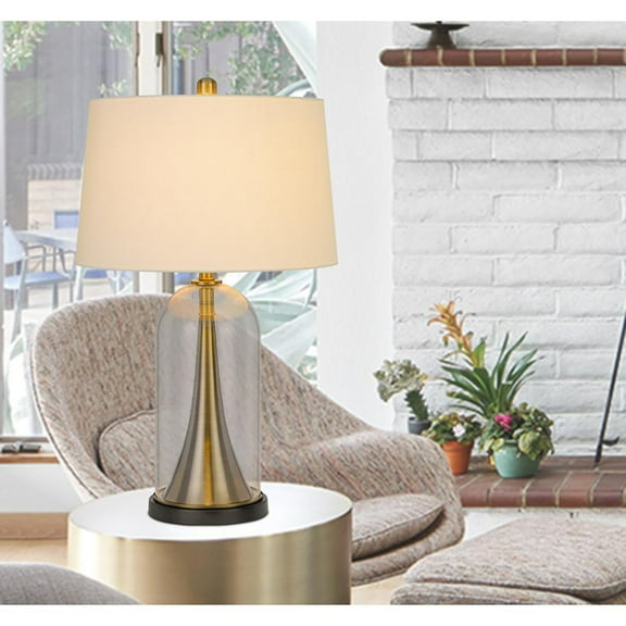 150W 3 Way Camargo Glass Metal Table Lamp With Hardback Taper Drum Fabric Shade, Glass - Antique Brass