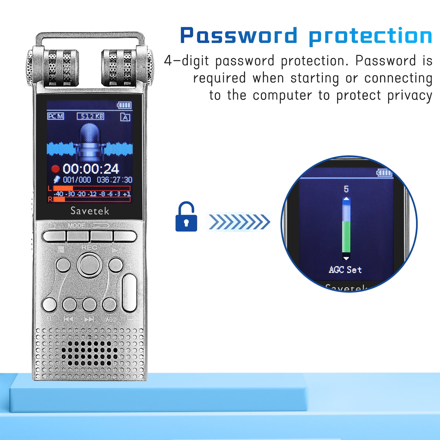 Professional Voice Activated Digital Audio Recorder  8GB USB Pen Non-Stop 100hr Recording PCM 1536Kbps External Microphone Password Protection