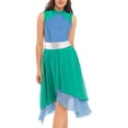 thumbnail image 4 of iEFiEL Womens Color Block Split Lyrical Praise Dance Dress Asymmetrical Hem Dresses Dancewear Green&Blue L, 4 of 7