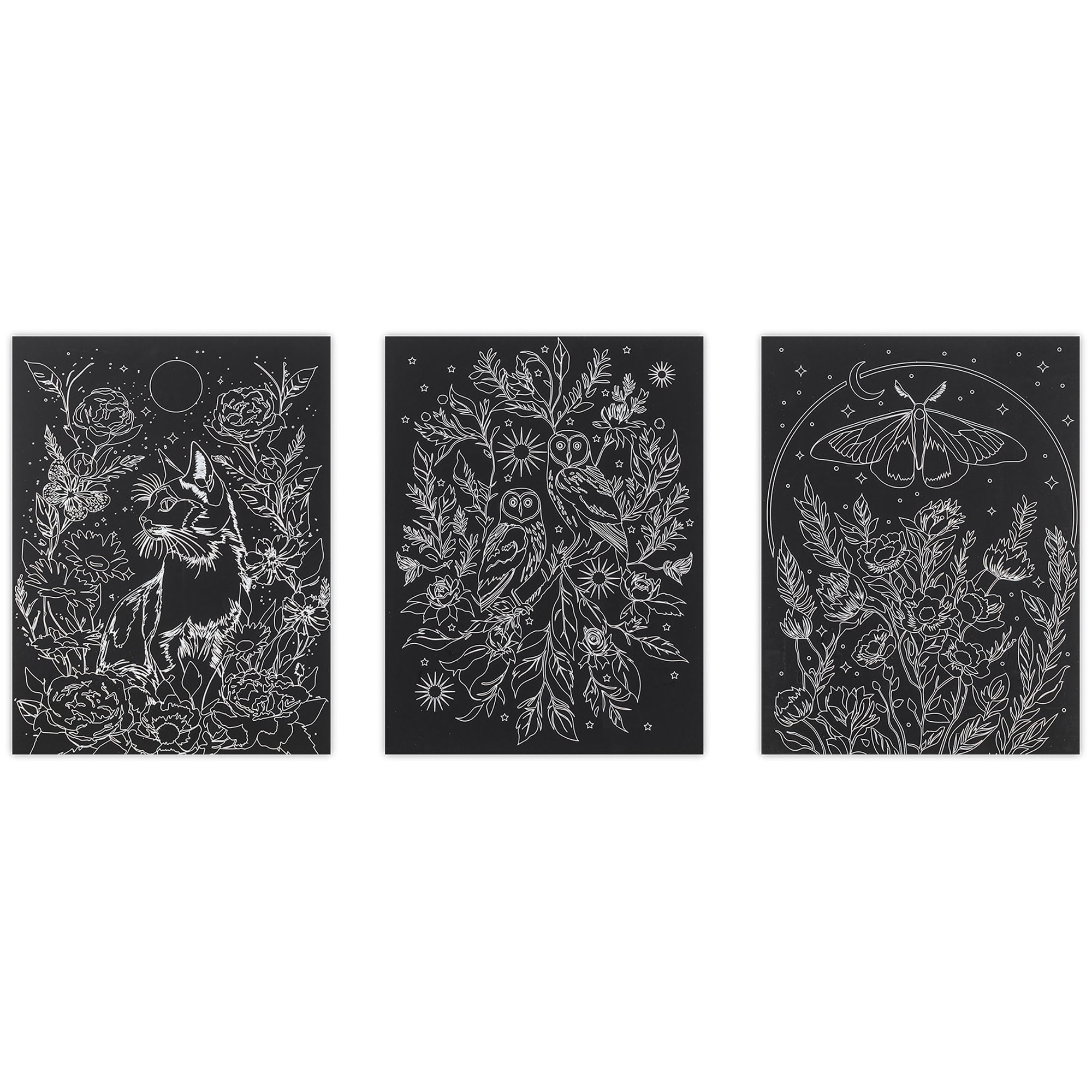 Brea Reese: Scratch Art Paper Pad - Midnight Botanicals - 6 Designs, Guided Art, Metallic Accents, Dual-Tip Stylus & Brush, 9x12" Pages, Adult Craft