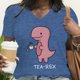 thumbnail image 3 of Camiseta divertida con estampado de dinosaurio Tea-rex para mujer, camisetas casuales de verano de manga corta, camisetas con cuello en V con estampado de dinosaurio lindo, 3 of 5
