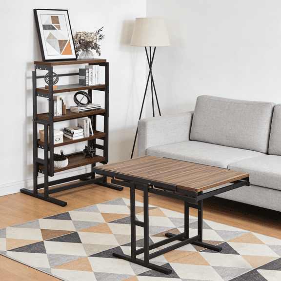 Organizedlife Space Saving Folding Dining Table,Wood Dining Table Multifunction Convertible Table with 5 Tiers Storage Shelf for Living Room,Teak,Perfect New Year Gift