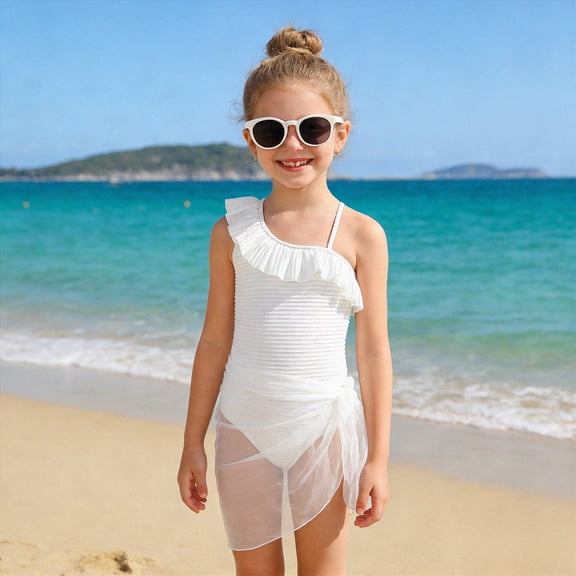 Bosanter Girls One Piece Swimsuits Ruffle Bathing Suit with Cover Up Breathable Stylish Beach Swimwear Bathing Suit, White 13-14Y