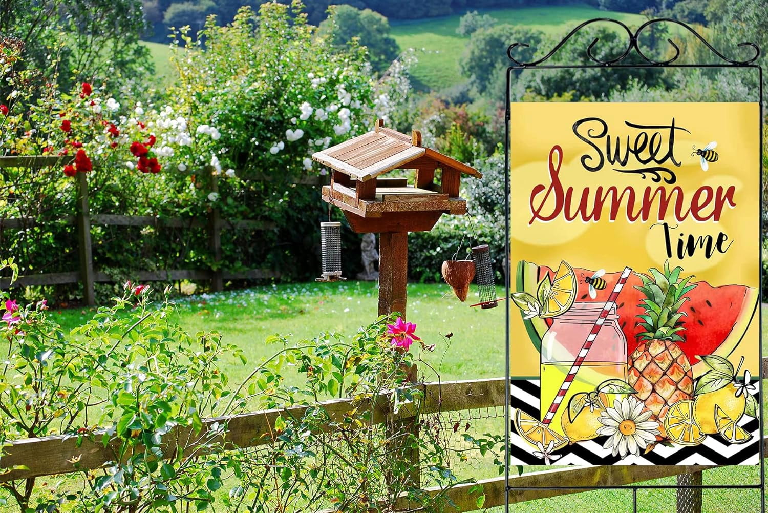 Large Summer Flag,28x40 Inch Hello Summer House Flags with Two Grommets Double Sided Printing 2 Layer Burlap Welcome Summer Garden Flag for Your Summertime Decoration