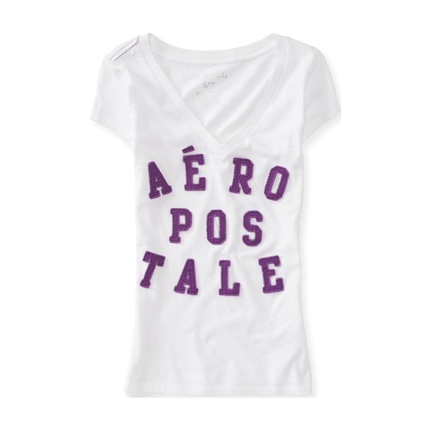 Aeropostale - Playera adornada con logo apilado para mujer, blanca, grande Aeropostale Camiseta adornada