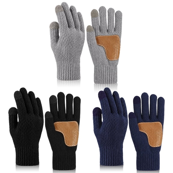 Bocaoying 3 Pack Winter Touchscreen Gloves - Thick Thermal Knit Full-Finger Mittens with Anti-Slip Palm, Acrylic Stretchy Gloves for Cold Weather (Black/Gray/Blue)