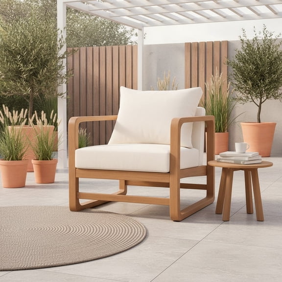 MORPAZX Outdoor Lounge Chair, Acacia Wood Club Chair with Beige Cushions