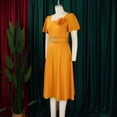 thumbnail image 3 of AURA Plus Size Square Neck A Line Midi Dress High Waist Large Skirt Bell Sleeve Solid Color Belted Dress with Flower, 3 of 9