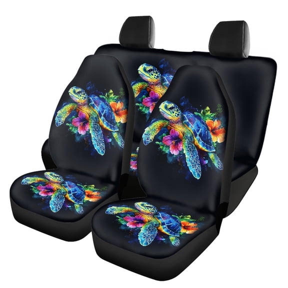 FOR U DESIGNS Turtle Hibiscus Pattern 4pcs Seat Cover for Cars Washable Front Seats and Rear Bench Seat Easy to Stall Low Back Front Seat Covers Universal Fit Vehicle Sedan Truck SUV