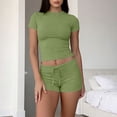 thumbnail image 2 of SROBPTY Womens Set Solid Crew Neck Short Sleeve Top Drawstring Shorts Outfits for Casual Wear, 2 of 5