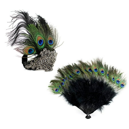 1920s' Vintage Accessories Costumes Set Peacock Rhinestone Headband n Peacock Feather Fan for Halloween Gatsby Theme Party