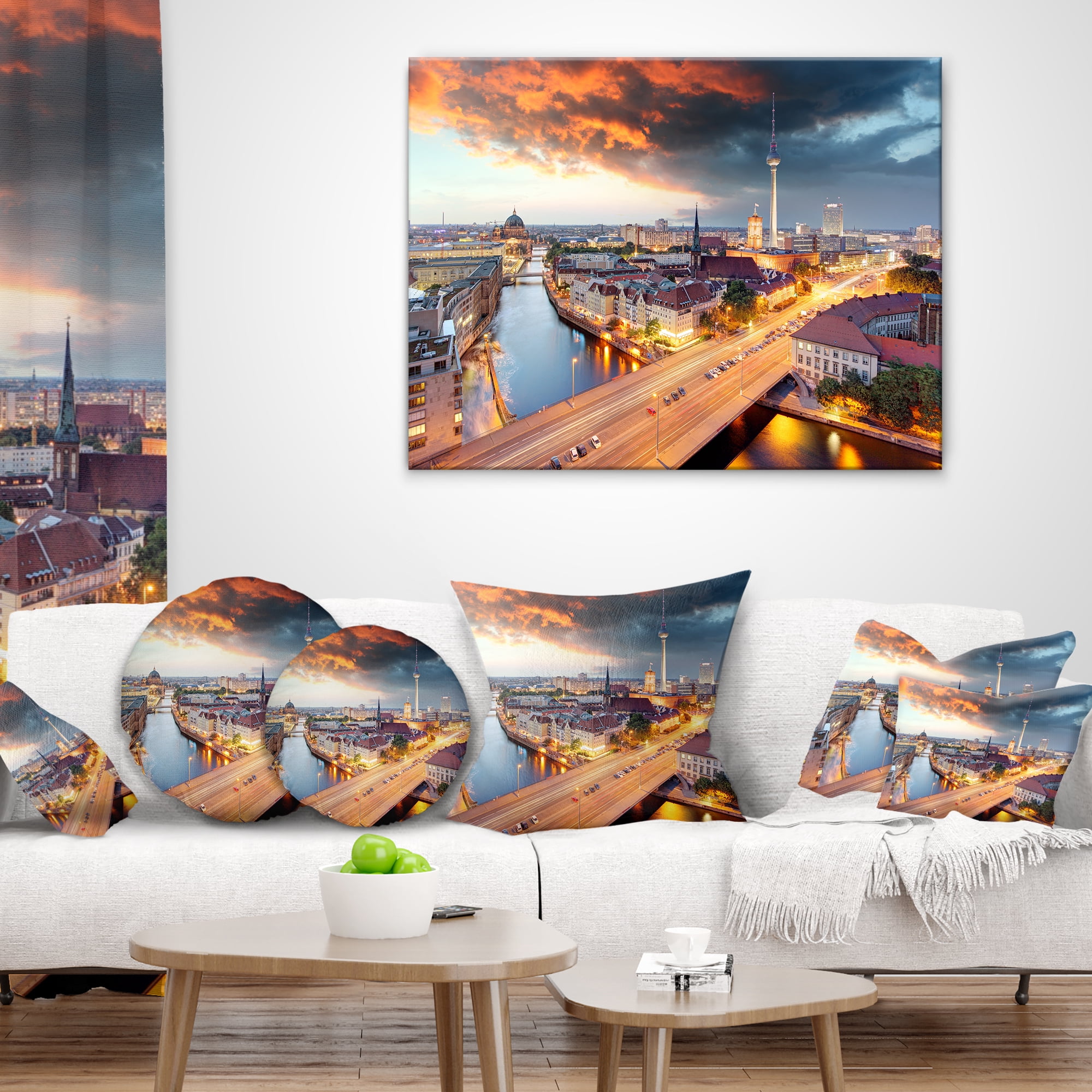 Designart Berlin at Dawn with Dramatic Sky - Cityscape Throw Pillow - 18x18