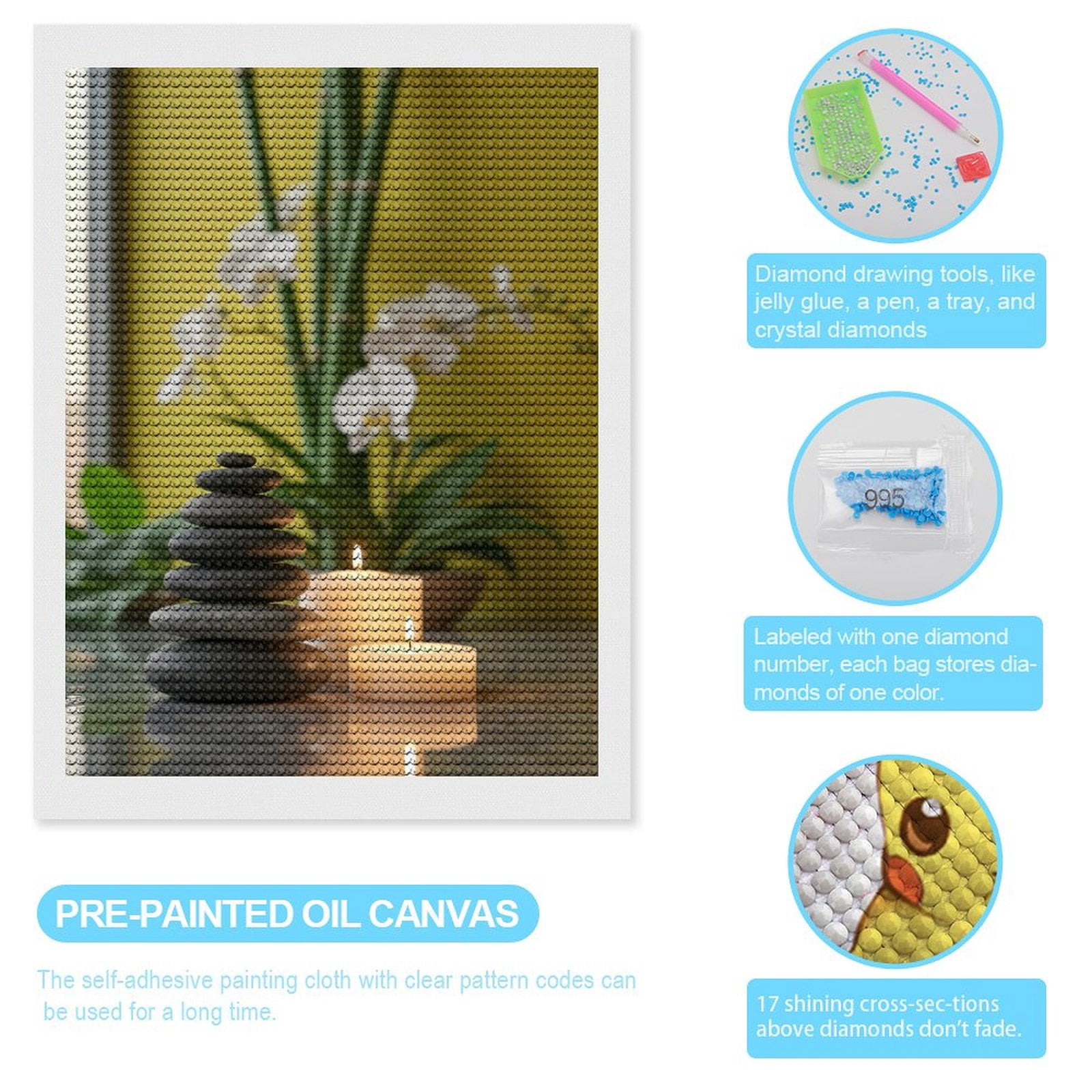 Diamond Art Kits for Adults, Zen Stones Candles Orchid Decor 5D Diamond Painting Kits for Adults Beginners, DIY Full Drill Diamond Painting, Gem Art and Crafts 12x16