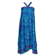 <mark>Mogul</mark> Women Wrap Around Skirt Blue Paisley Print Premium Silk Sari Two Layer Reversible Halter Dress