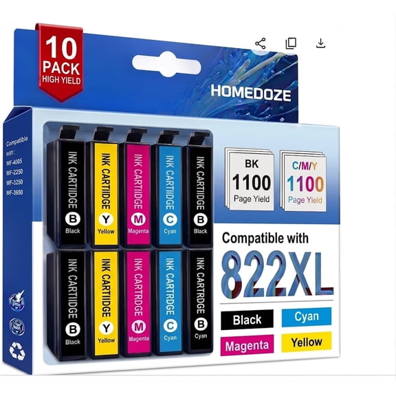 Latest Chip Compatible Ink Cartridges Replacement for Epson 822XL 822 XL Ink Cartridges Combo Pack High Capacity Ink Works with Workforce Pro WF-3820, WF-3823, WF-4820, WF-4830, WF-4833, WF-4834 (10