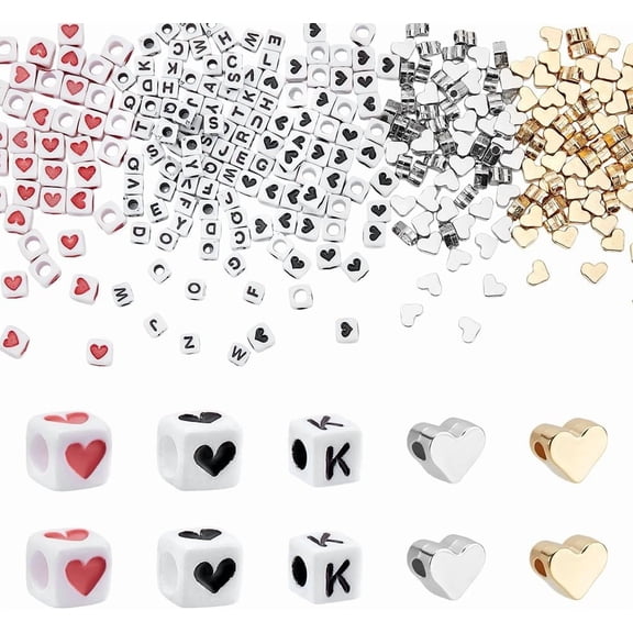 840pcs 5 Styles Heart and Letter Beads for Jewelry Making Acrylic Square Alphabet Beads A-Z Love Red Heart Beads Kit Mixed Alphabet Spacer Beads for Valentine's Day Bracelet Necklace Making