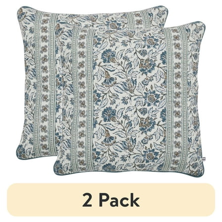 (2 pack) Better Homes & Gardens 20" x 20" Blue Block Print Floral Reversible Cotton Decorative Pillow