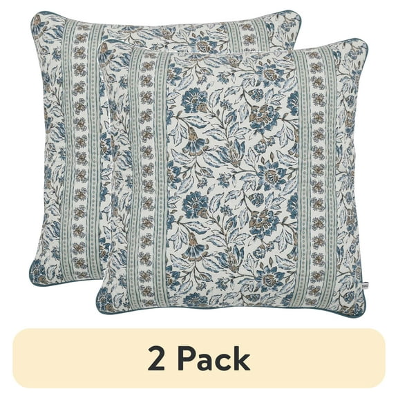 (2 pack) Better Homes & Gardens 20" x 20" Blue Block Print Floral Reversible Cotton Decorative Pillow