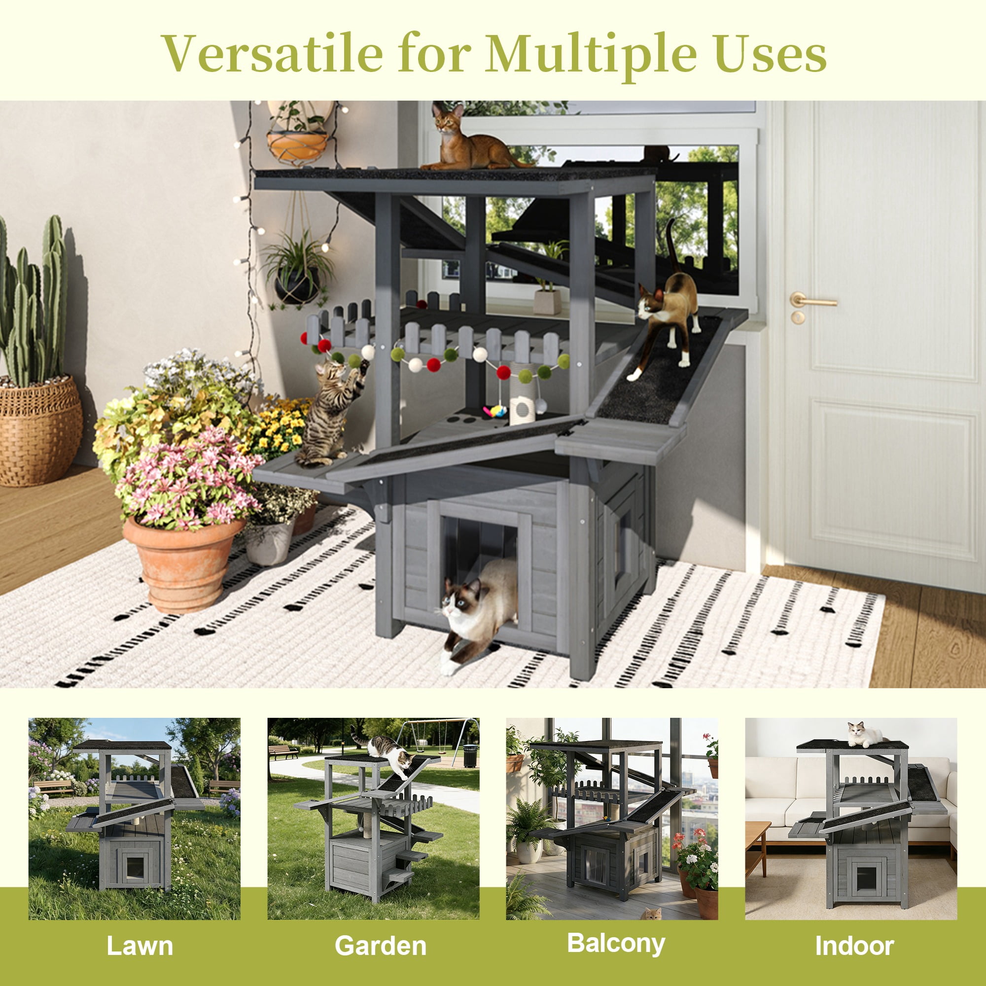 JXXRZ 4-Tier Outdoor Cat House Weatherproof Shelter, Holds 2–3 Cats, Solid Wood Tower with Balcony & 2 Doors, Gray