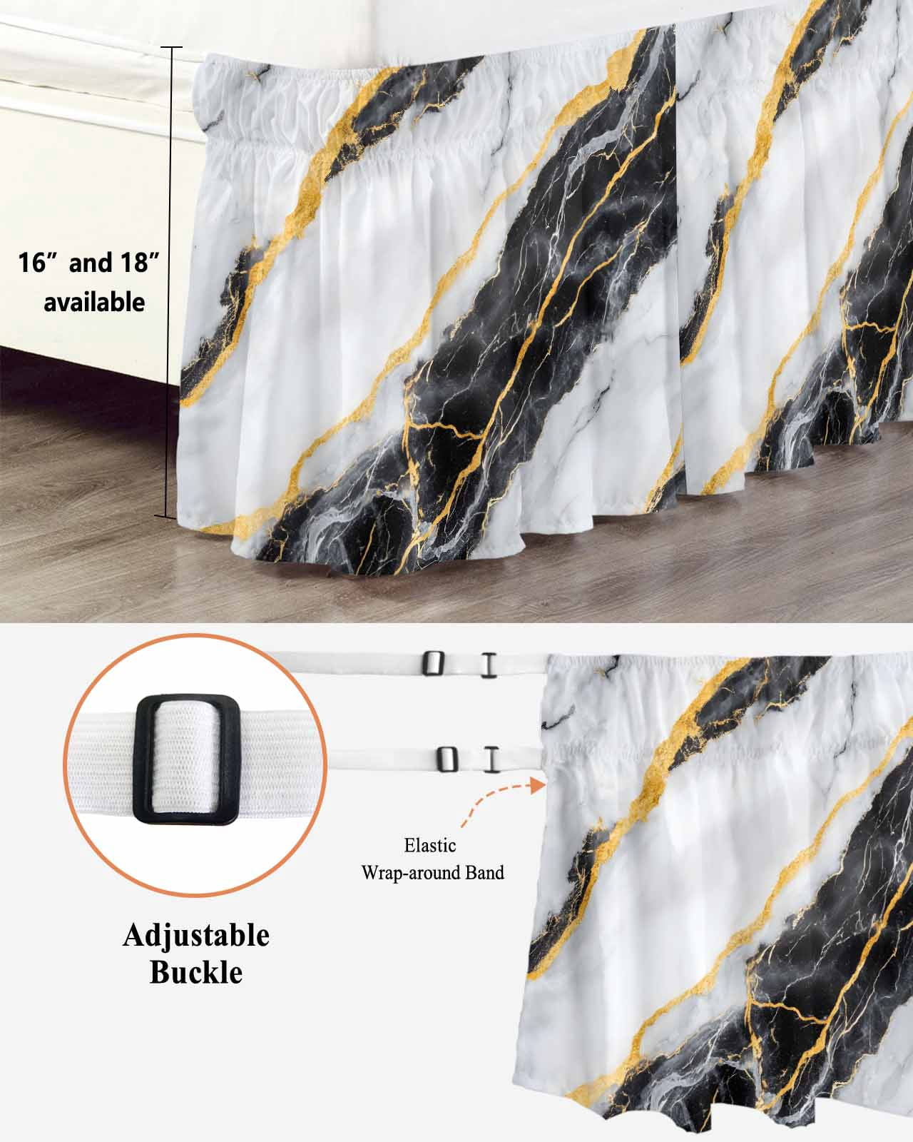 Marble Black Wrap Around Bed Skirts for Queen Bed 16" Drop,Bed Skirt with Adjustable Elastic Belt Dust Ruffle Bed Valance for Bedroom Hotel Gold Foil Ceramic Style Cracks Scratches Bed Frame Cover