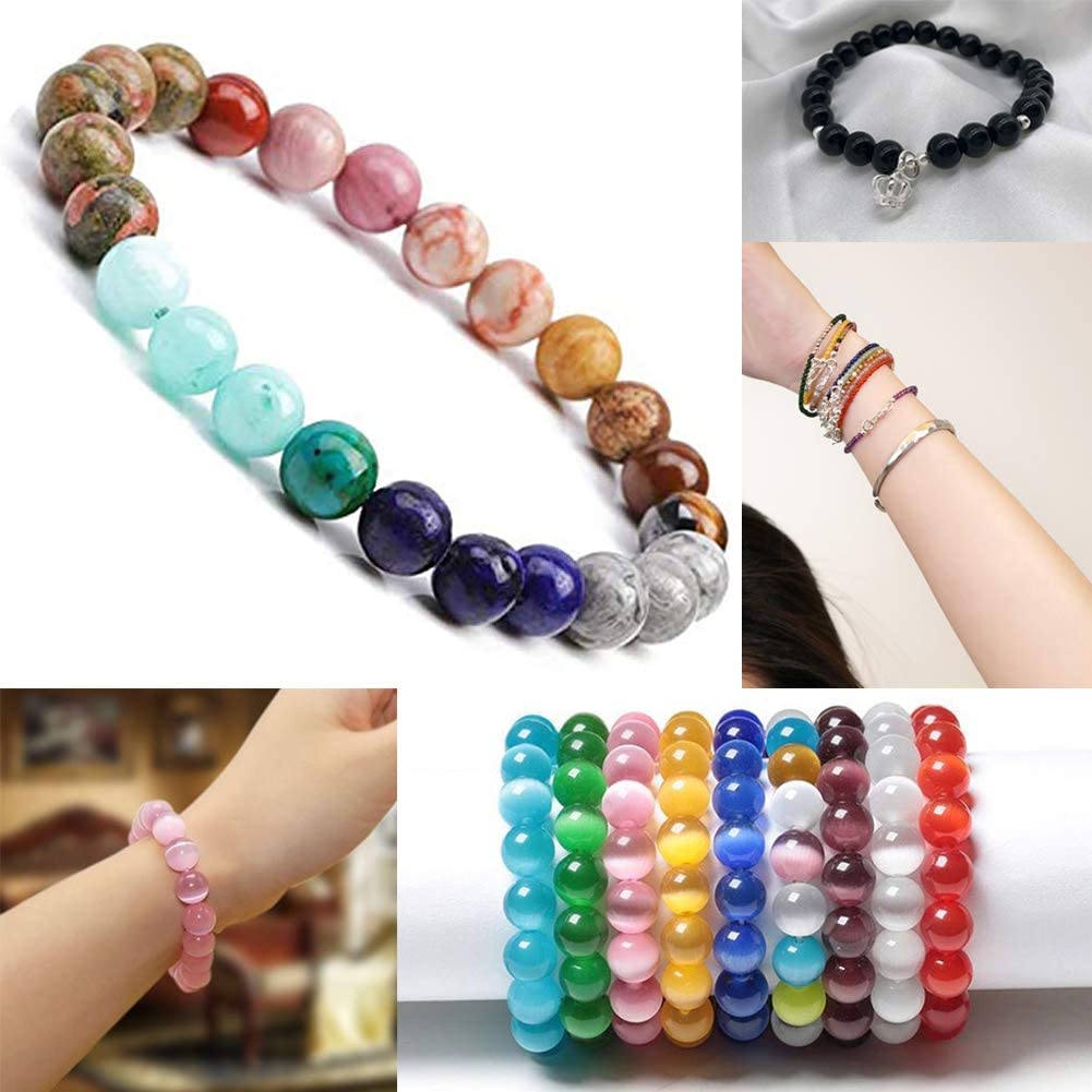 1 Box 200Pcs 10 Styles Gemstone Round Loose Beads with 100Pcs 5 Styles Bicone Spacer Beads Beading Needles Scissors Thread for DIY Bracelet Jewelry Making Supplies Craft Mixed Color Mixed Color