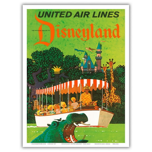 California - Jungle Cruise Hippo - United Air Lines - Vintage Airline Travel Poster by Stan Galli c.1960s - Master Art Print (Unframed) 9in x 12in