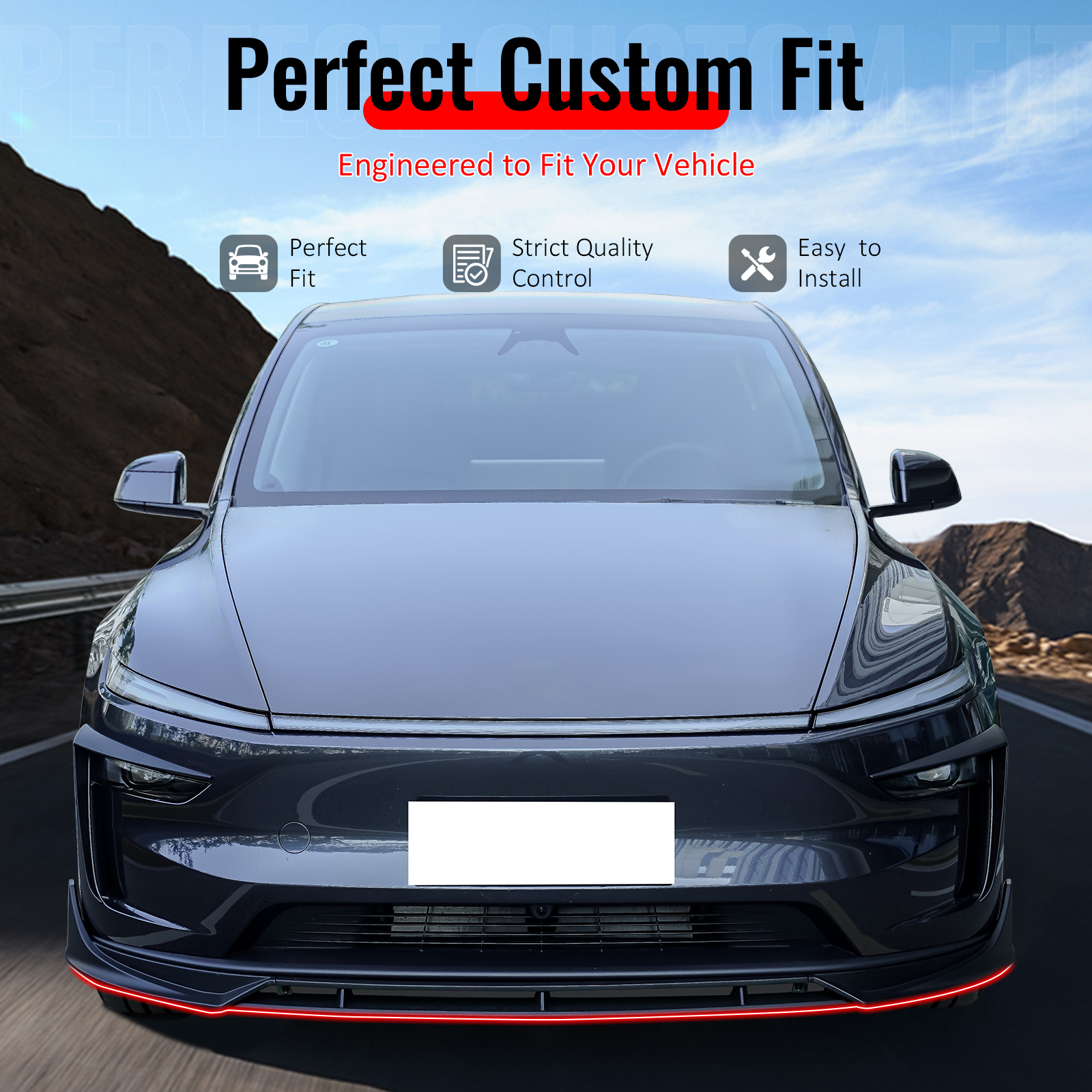 Ikon Motorsports Front Bumper Lip, Compatible with 2025-2026 Tesla Model Y Juniper, IKON Style Gloss Black ABS Plastic Air Dam Chin Spoiler Protector Splitter 4PC