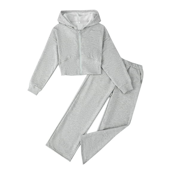 Kucnuzki 9 Years Big Girls Outfit Set 10 Years Kid Girl Clothes Long Sleeves Solid Color Zipper Hoodie Crop Top Wide Leg Pants Sets 2pcs Warm Clothing Gray