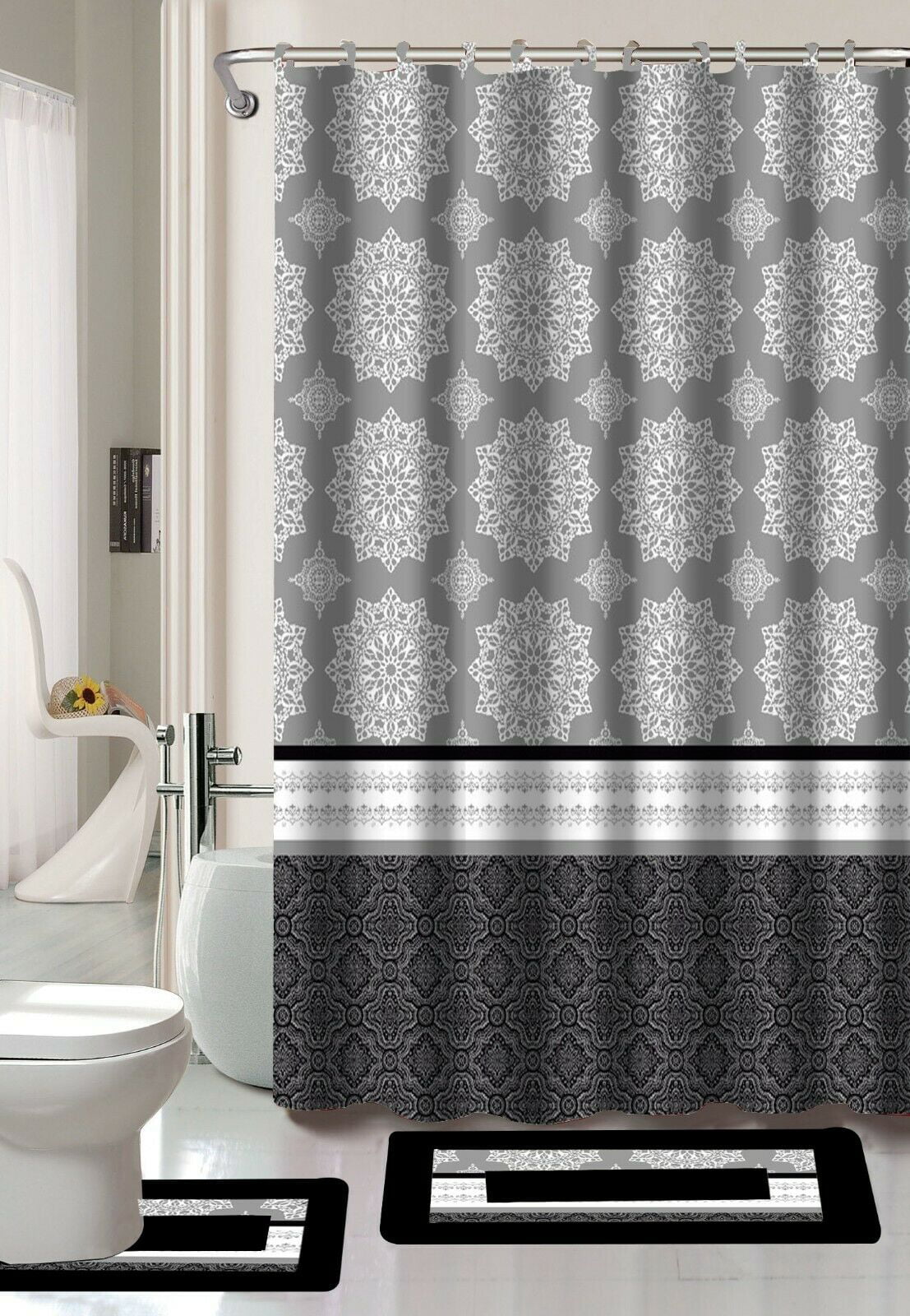 with Fabric Shower Curtain and Fabric Covered Rings Bath Mat Set Contour & Rug 