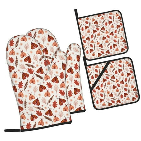 

Zeuib Autumn Brown Butterfly Oven Mitts and Potholders BBQ Gloves Kitchen Oven Glove High Heat Resistant 500 Degree Extra Long Oven Mitts and Potholder with Non-Slip Silicone Surface for Cooking