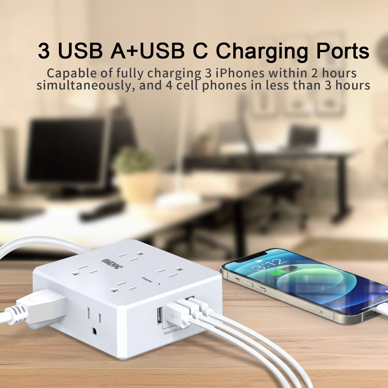 ONDOG 6 ft Extension Cord Power Strip with 4 USB Ports Widely Surge Protector Outlets , White