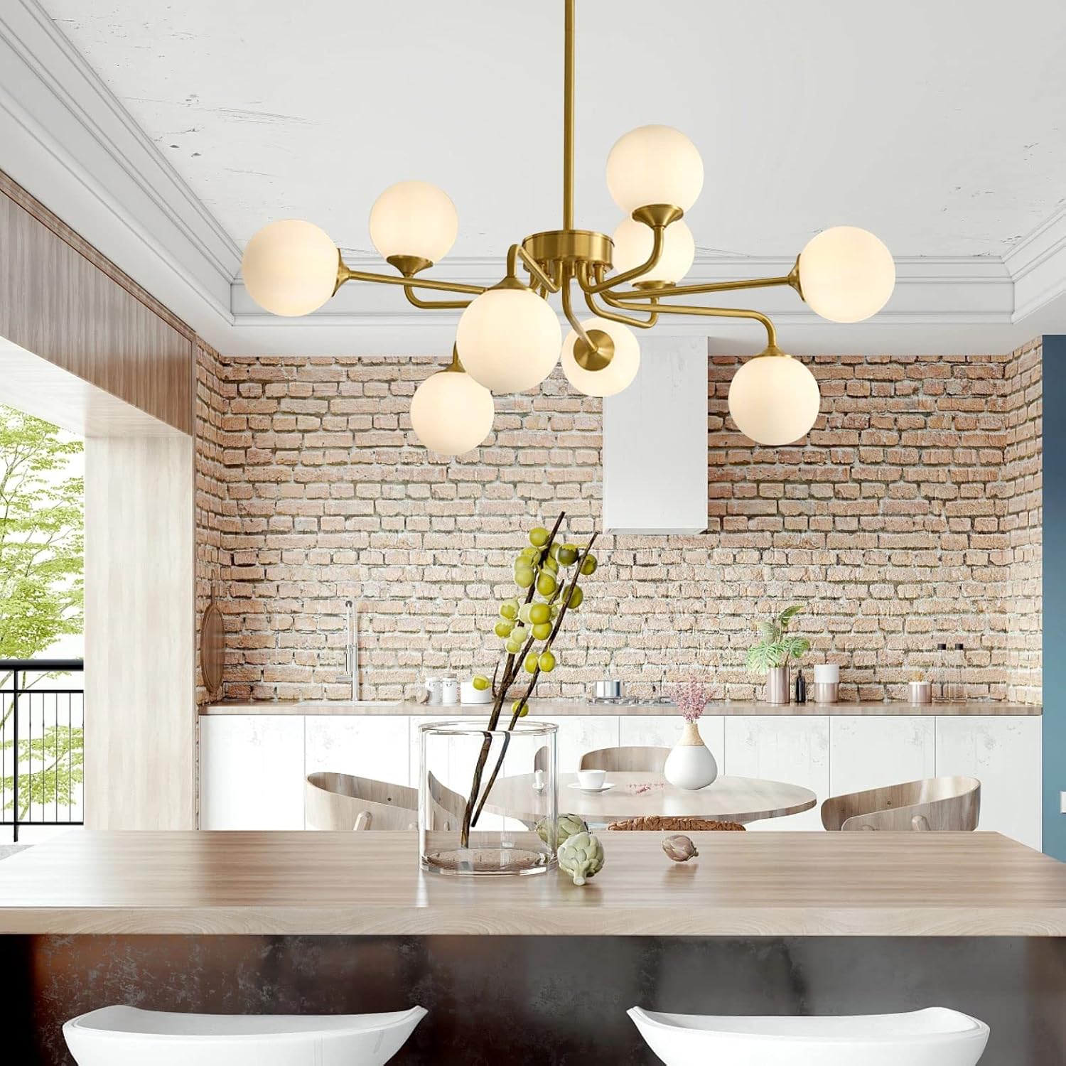 KCO Lighting 9 Light Mid Century Modern Gold Sputnik Chandelier, White Opal Glass Globe Pendant Light Fixture